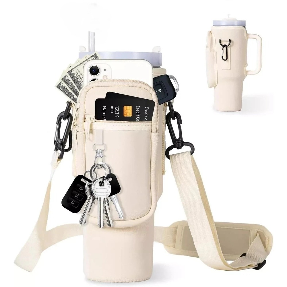 Water Bottle Holder Bag w/ Crossbody Strap Phone Pocket Sleeve Beige Straw Cove